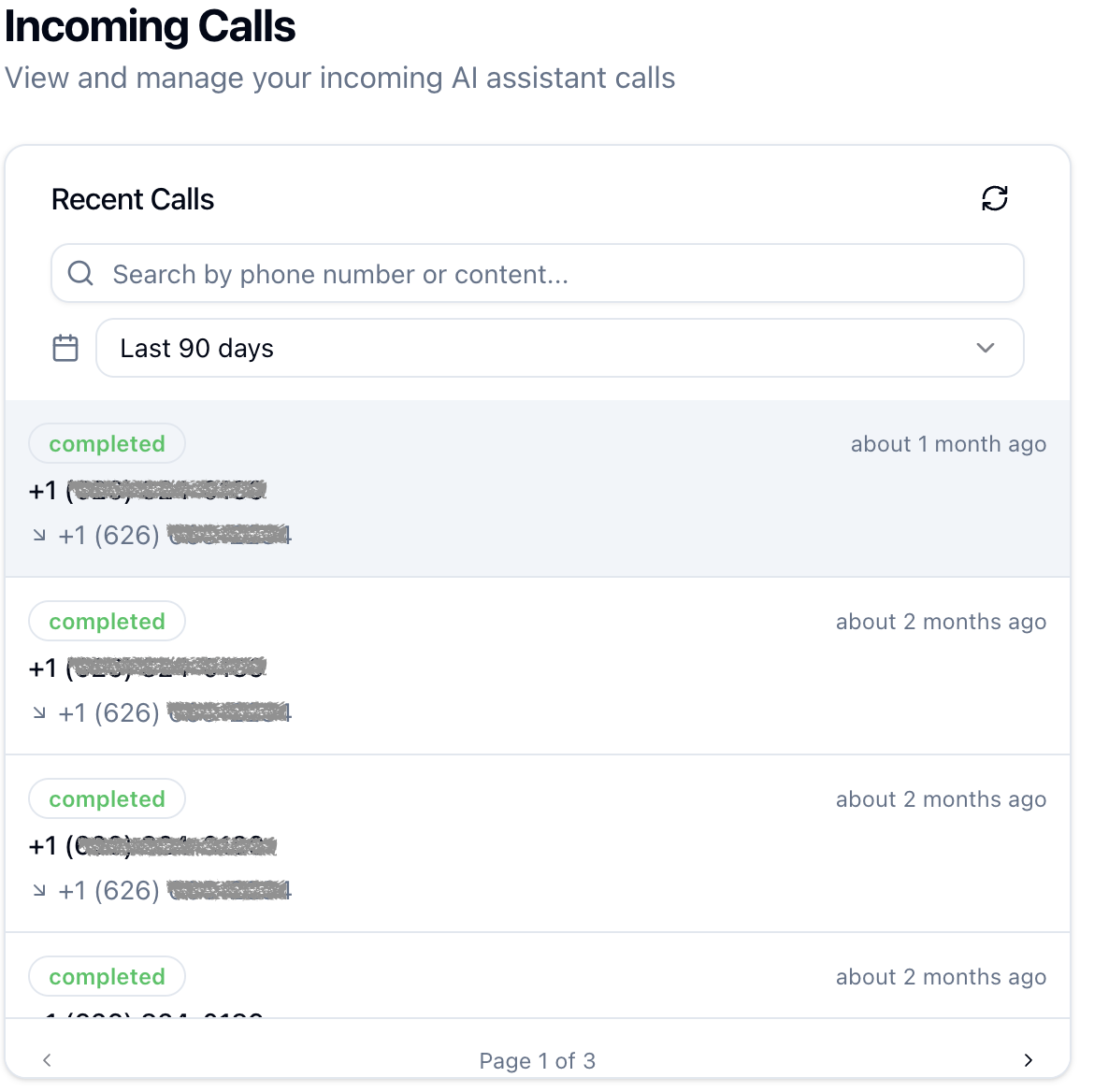 AI Call Assistant Recent Calls Dashboard - Live call management and real-time monitoring
