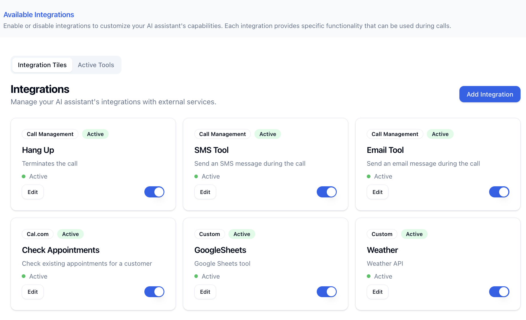 AI Call Assistant Integrations - Third-party system connections and automation
