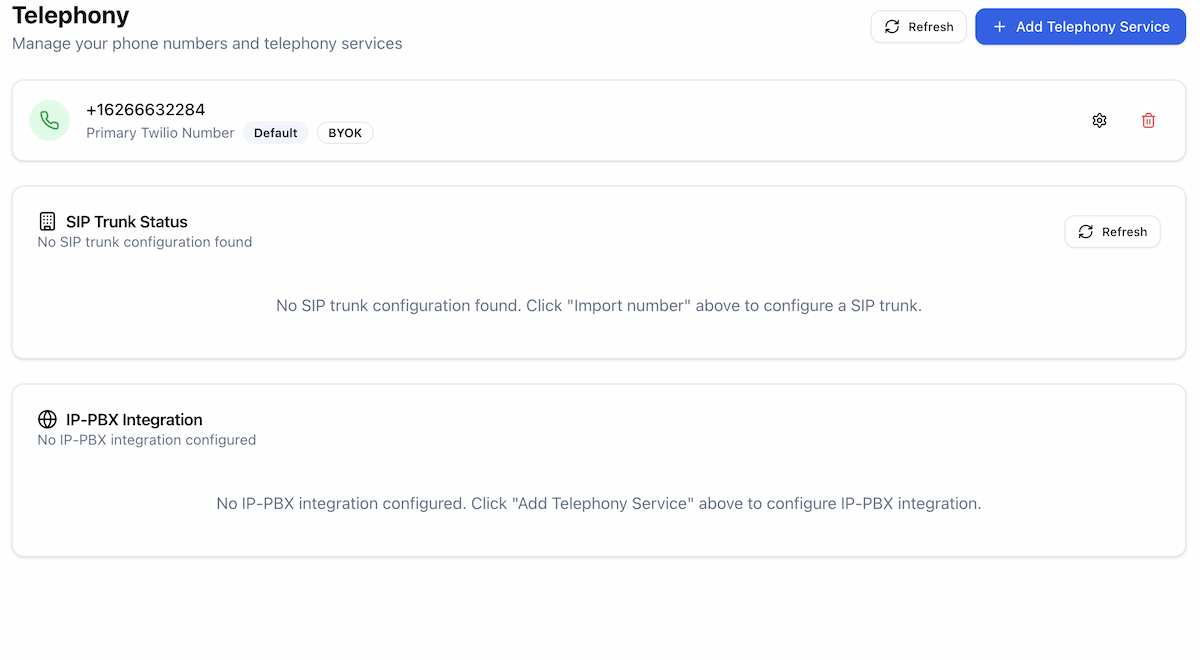 AI Call Assistant Telephony Management - Phone number and SIP trunk configuration